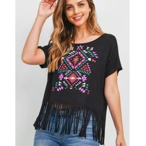 Fringed Boho Tee with Aztec Graphic Size Med and Lg Avail